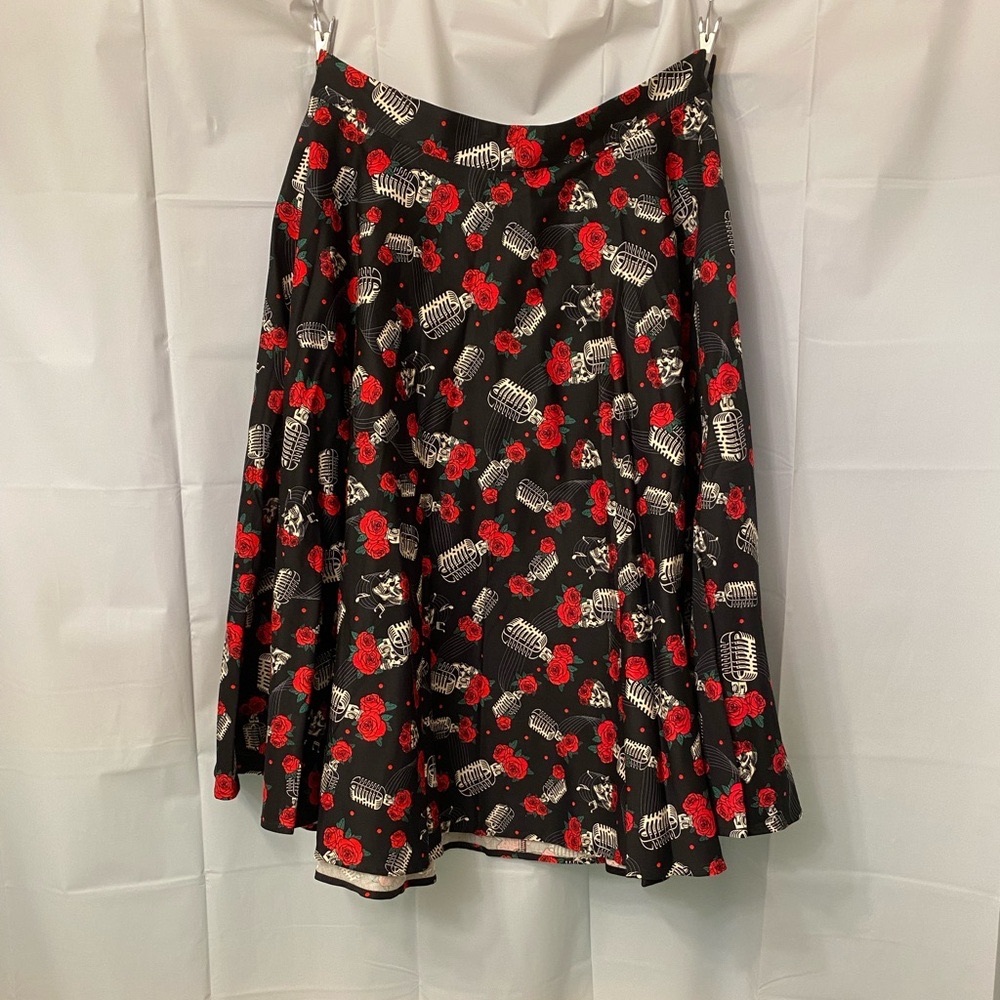 Black Floral & Microphone A-Line Skirt - Red Rose Print